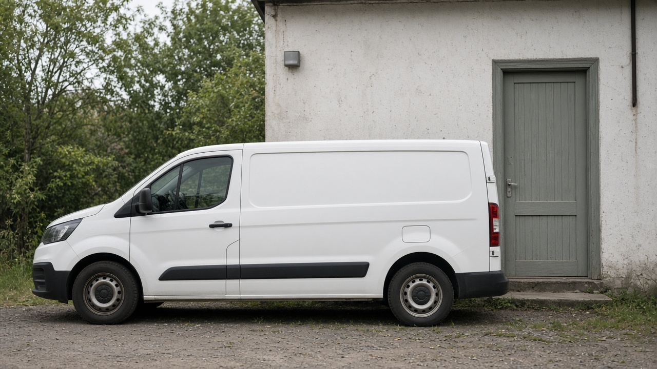 A plain white van with no lettering parked by a workshop door that has no sign