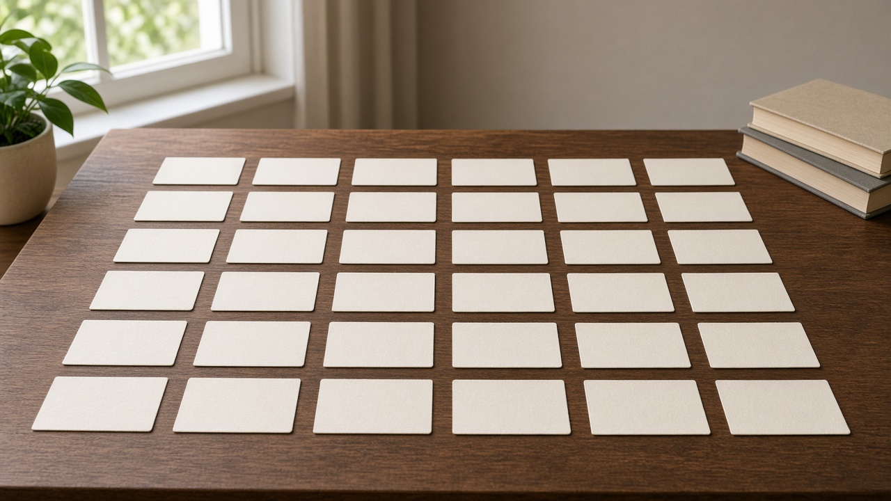 Blank index cards arranged in columns on a table