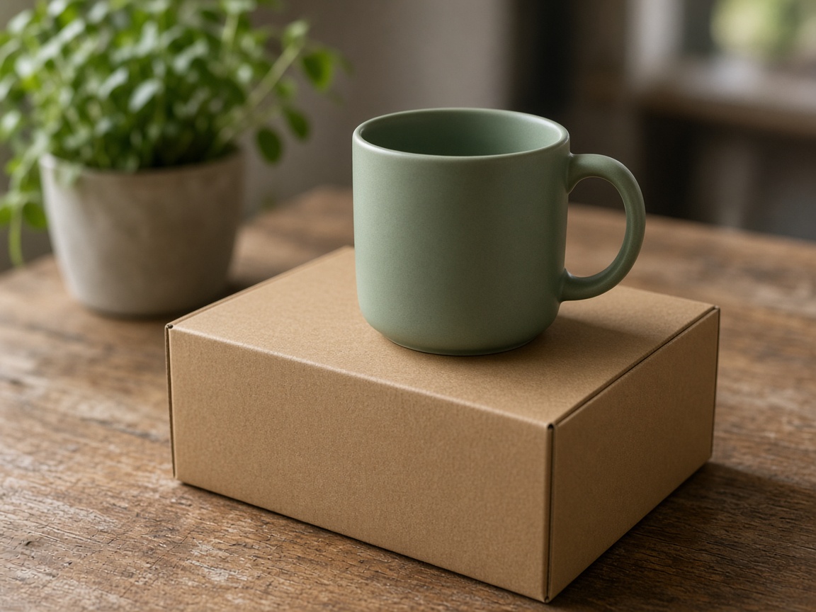 A closer view of an unlabeled mug and a plain shipping box