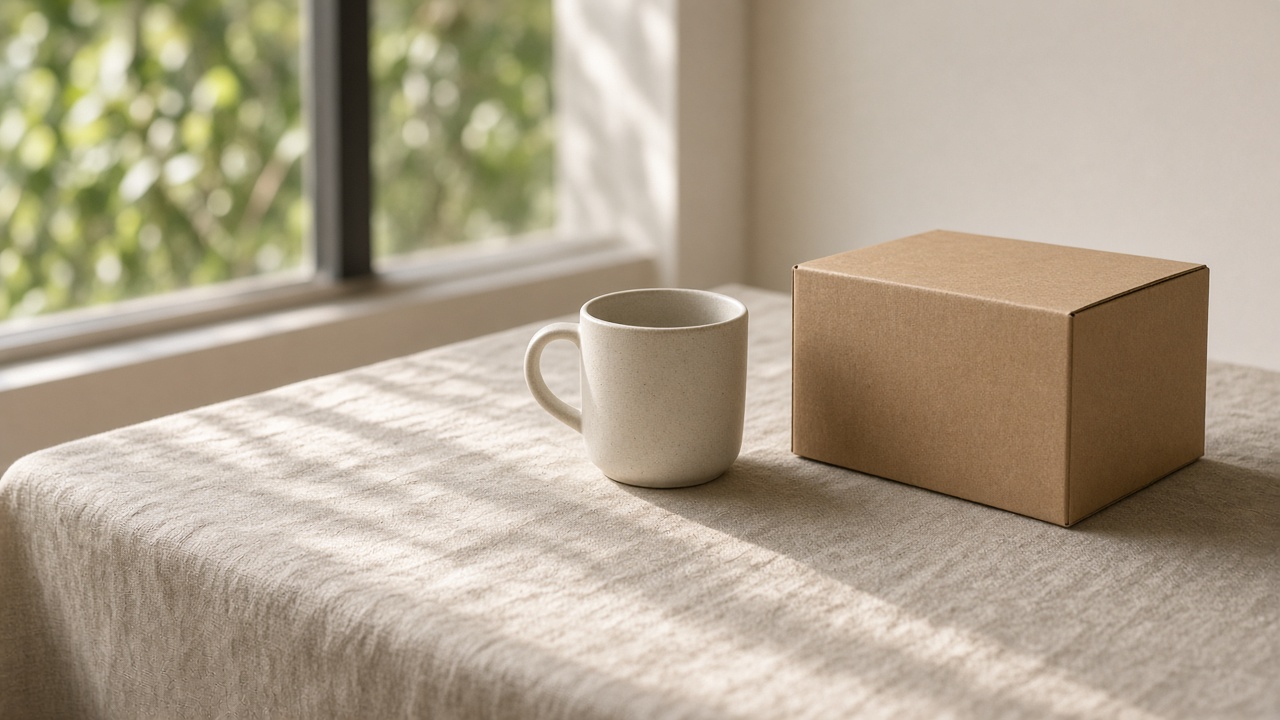 An unlabeled ceramic mug beside a plain brown box with no printing