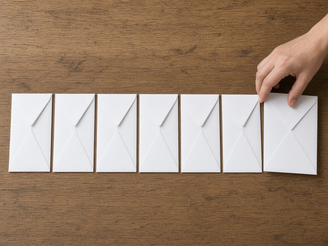 A closer view of a hand setting a blank envelope into a row