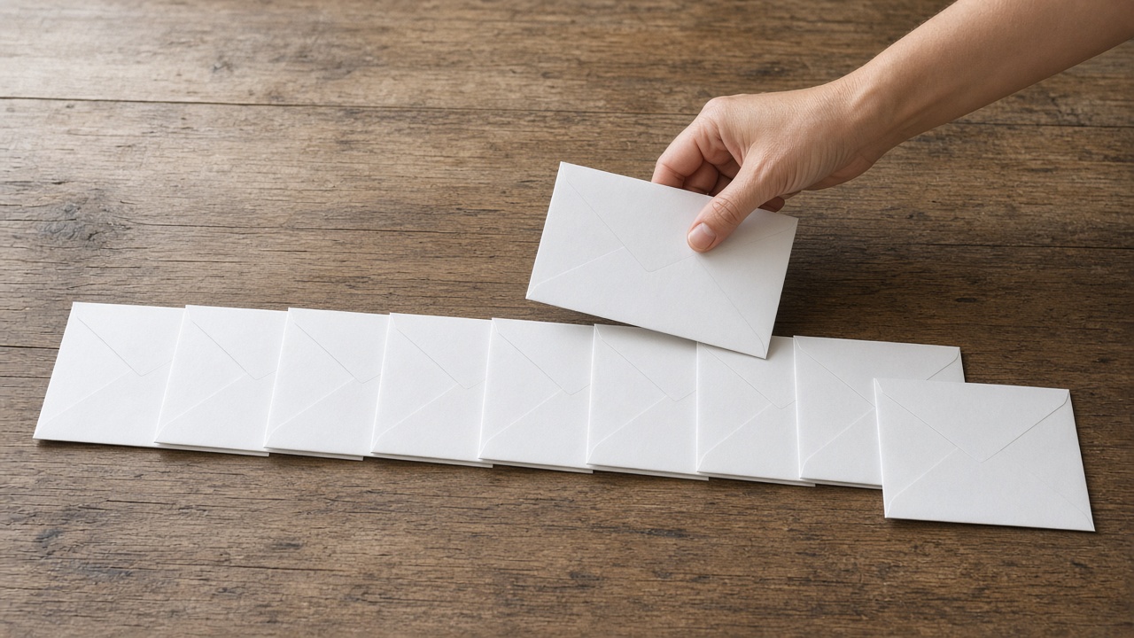 A row of identical blank envelopes and a hand placing the next one