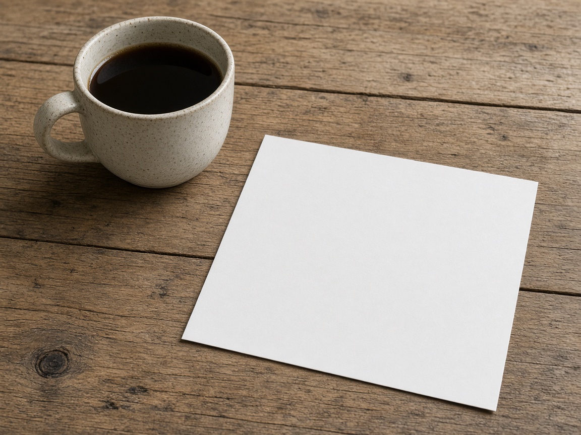 A closer view of a cup next to a single blank sheet