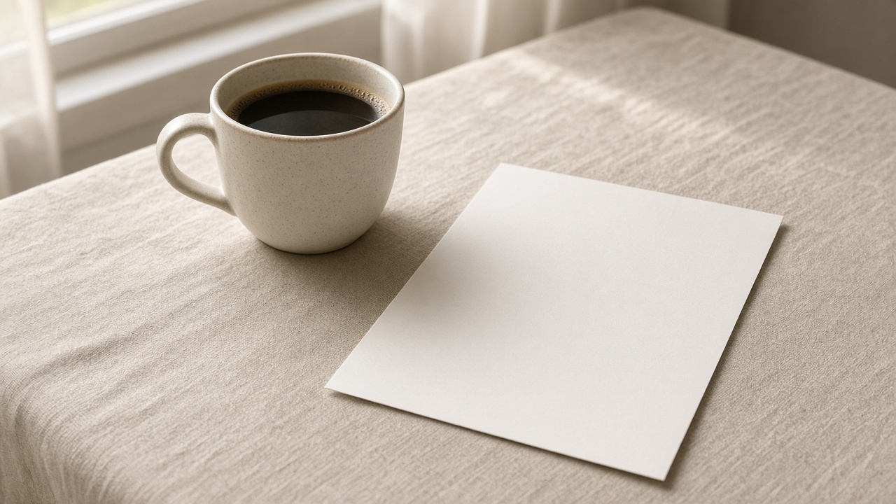 A coffee cup beside one blank sheet of paper