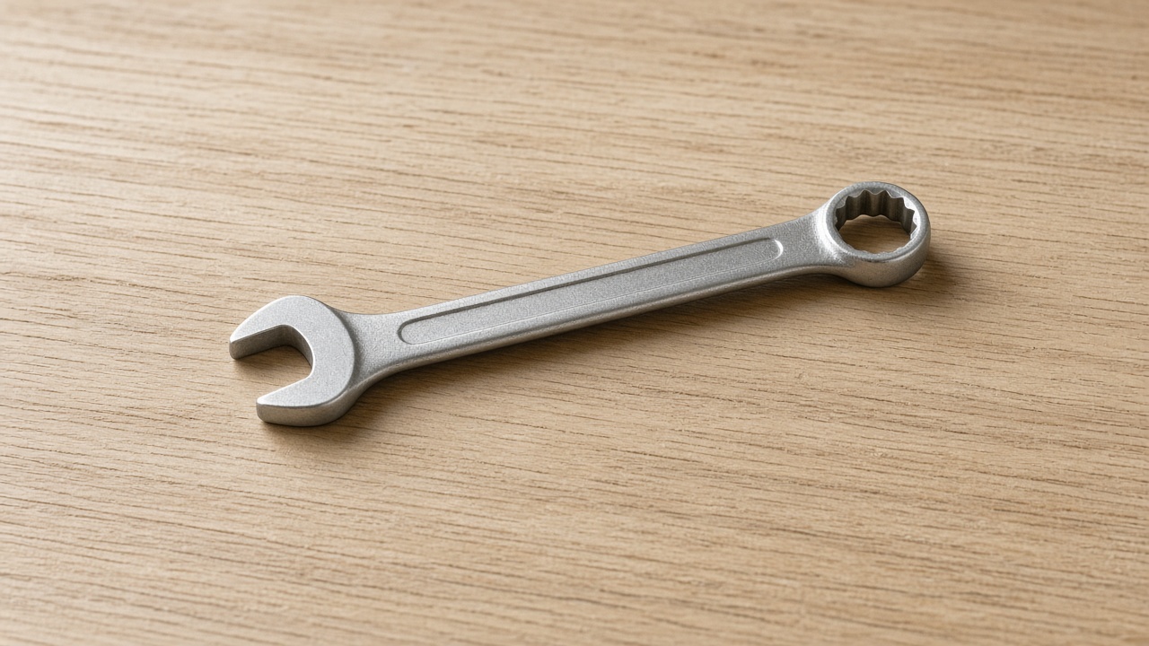 A single clean hand tool on an otherwise empty table