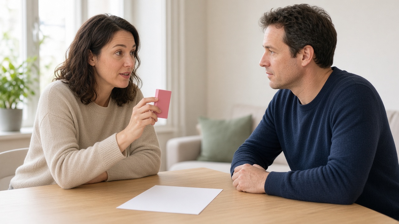 Two adults at a table, one holding an eraser over a blank page