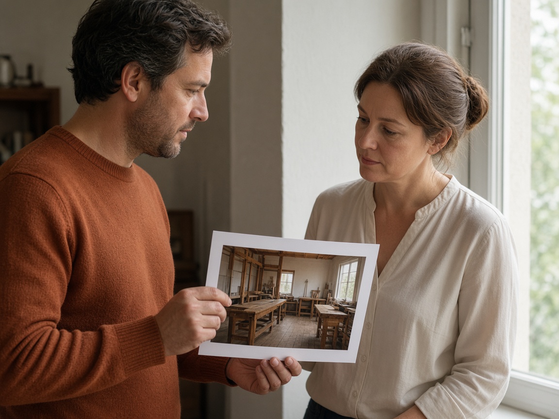 A closer view of two people studying one photograph