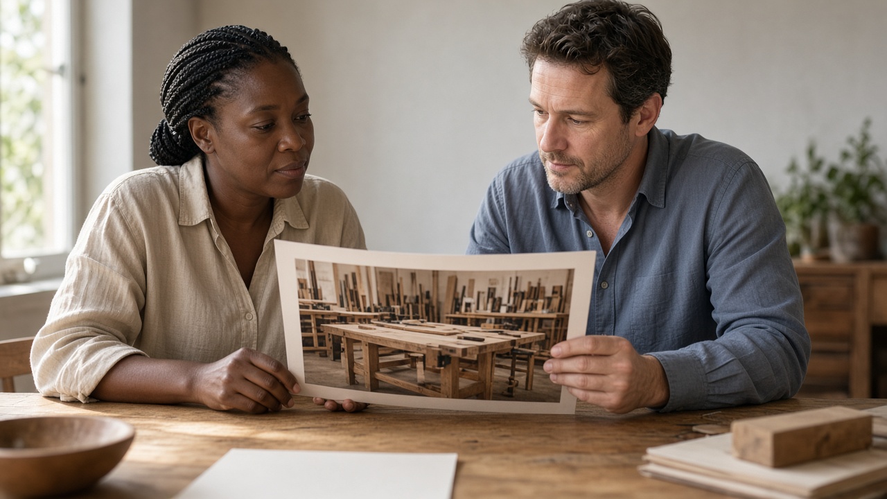 Two adults looking together at a single photograph with no readable print