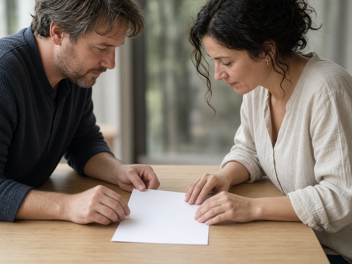 A closer view of two pairs of hands over a single blank sheet