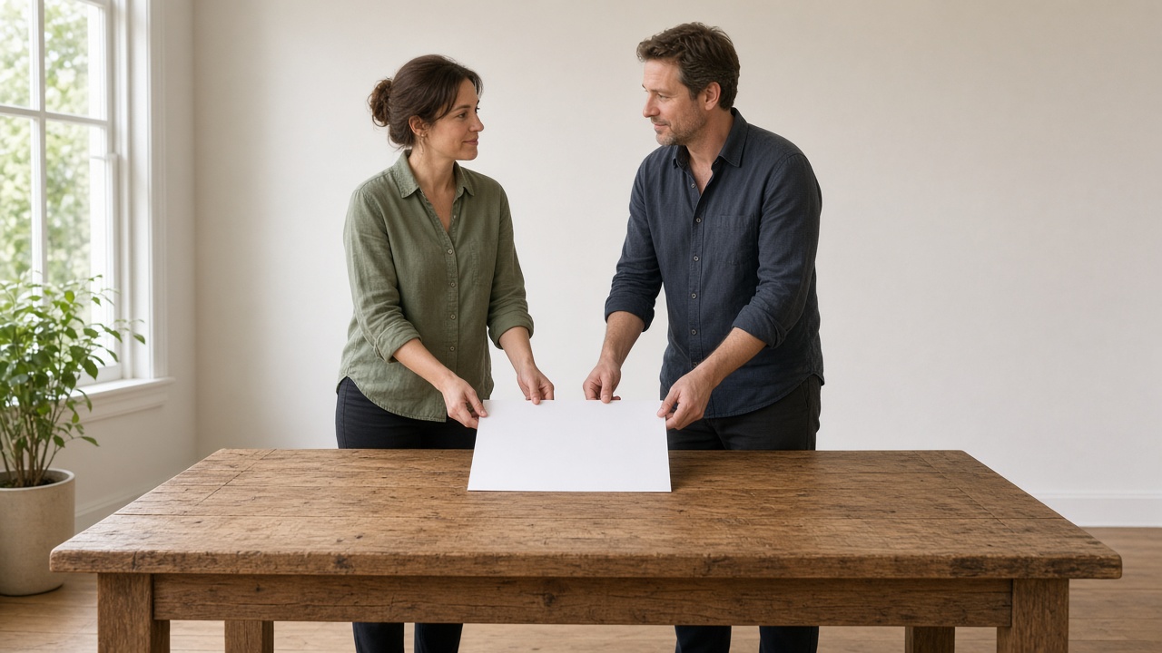 Two adults aligning one blank sheet on a desk