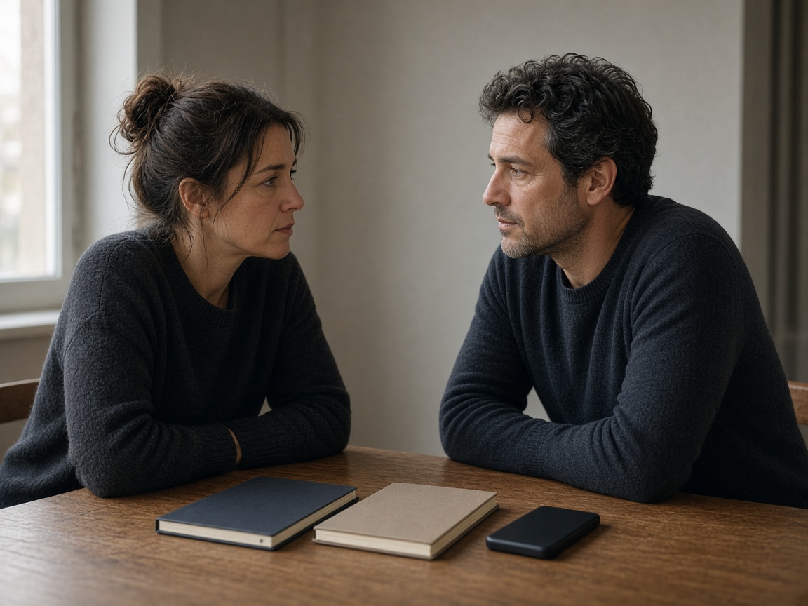 A closer view of two people talking, notebooks shut