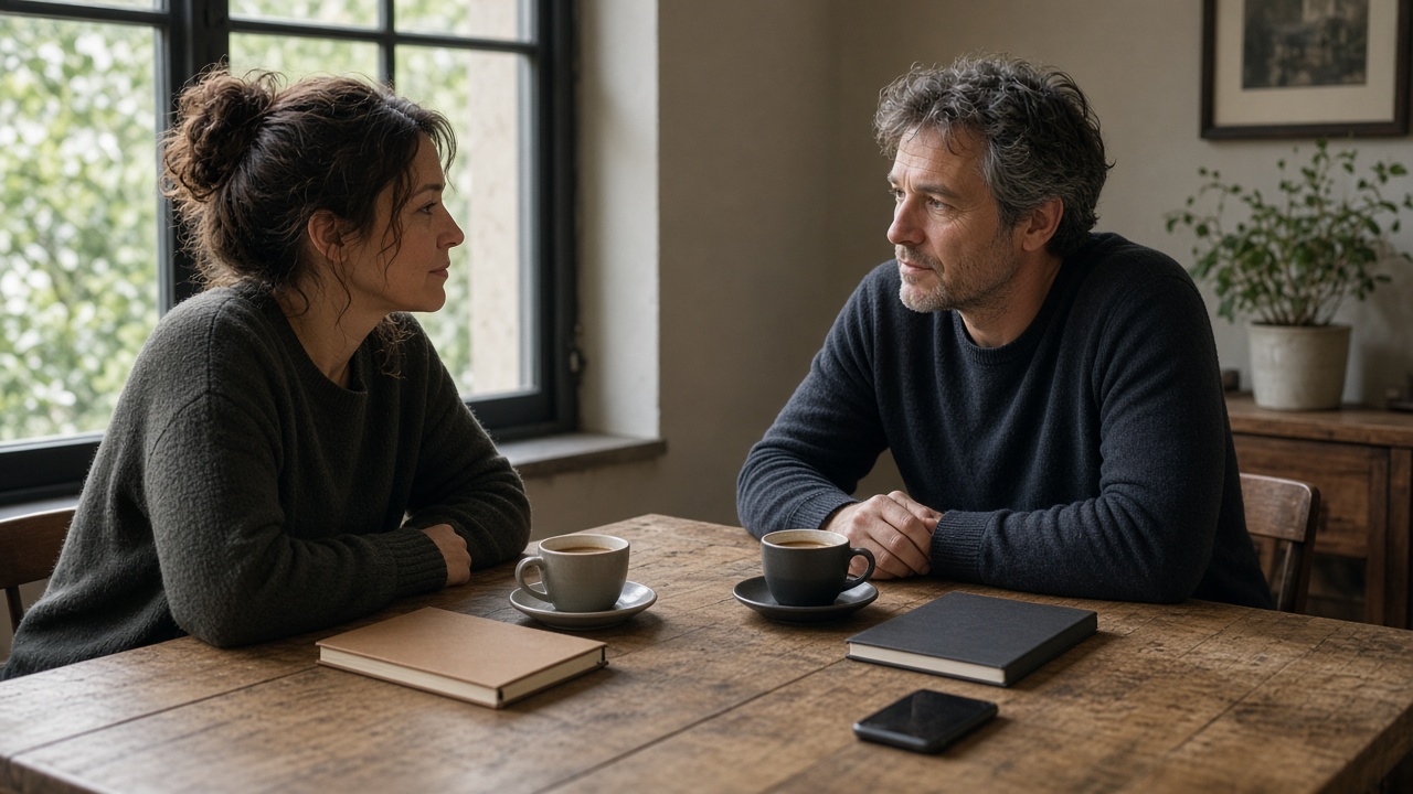 Two adults in conversation with notebooks closed