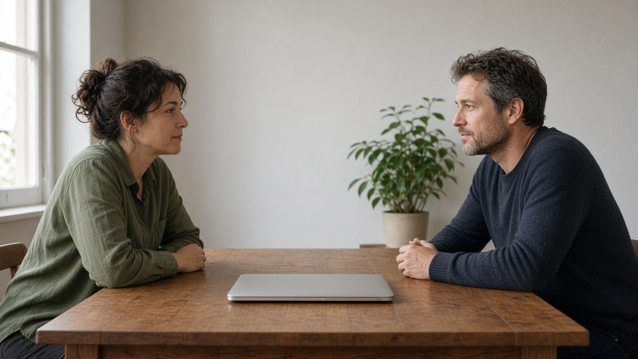 Two adults at a table with a laptop closed between them