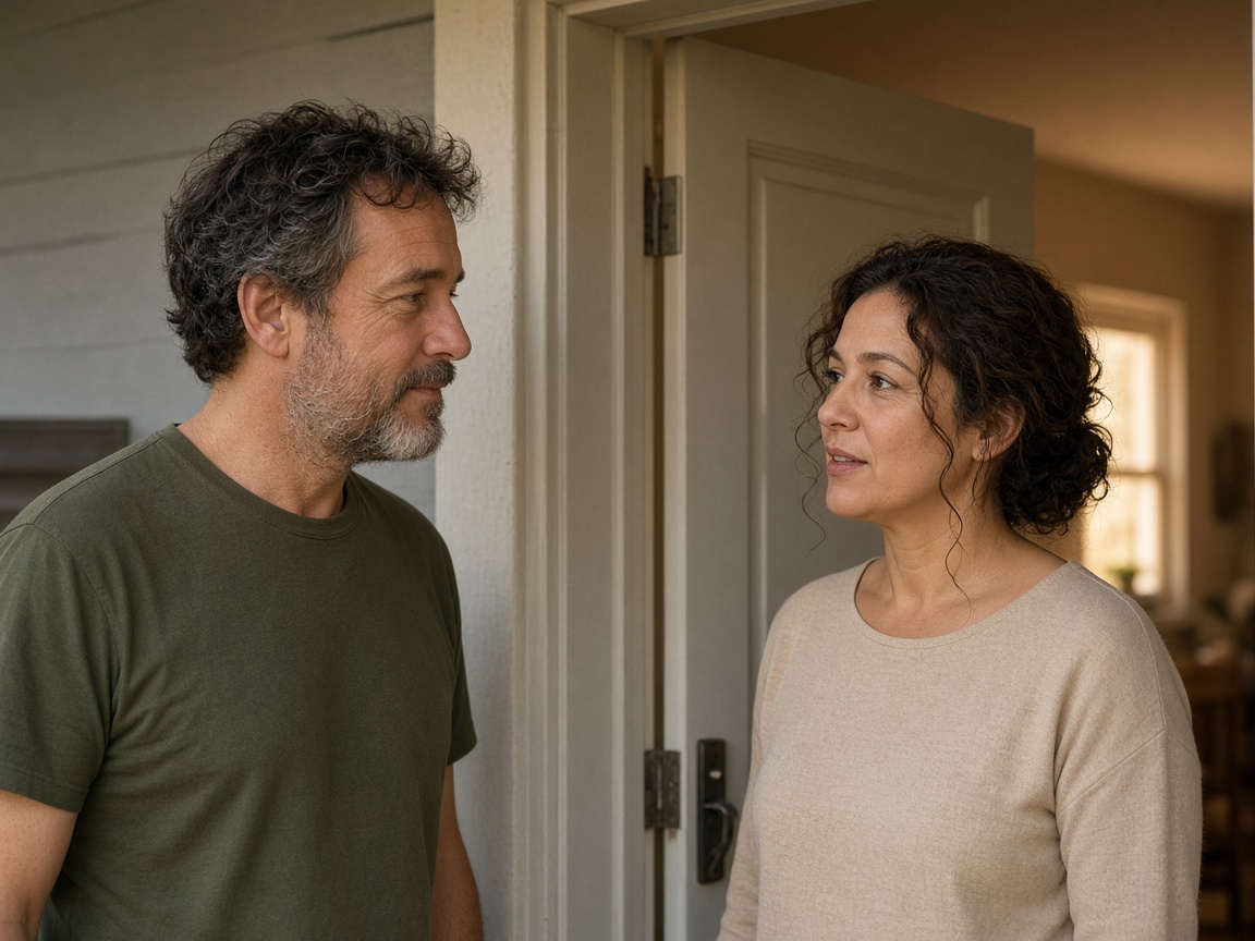 A closer view of two people at a doorway