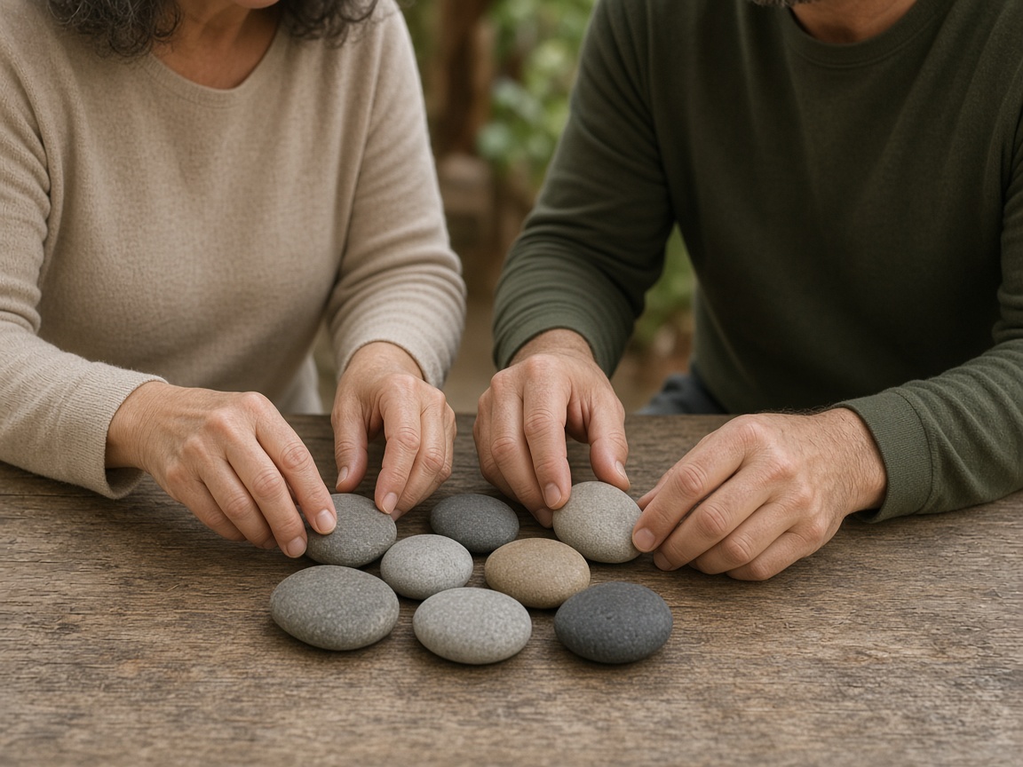A closer view of hands placing unmarked stones
