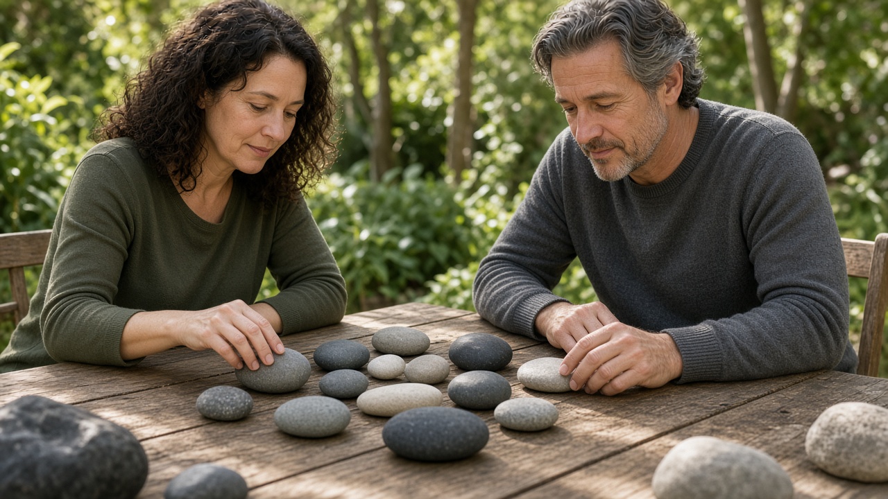 Two adults arranging unmarked stones on a table