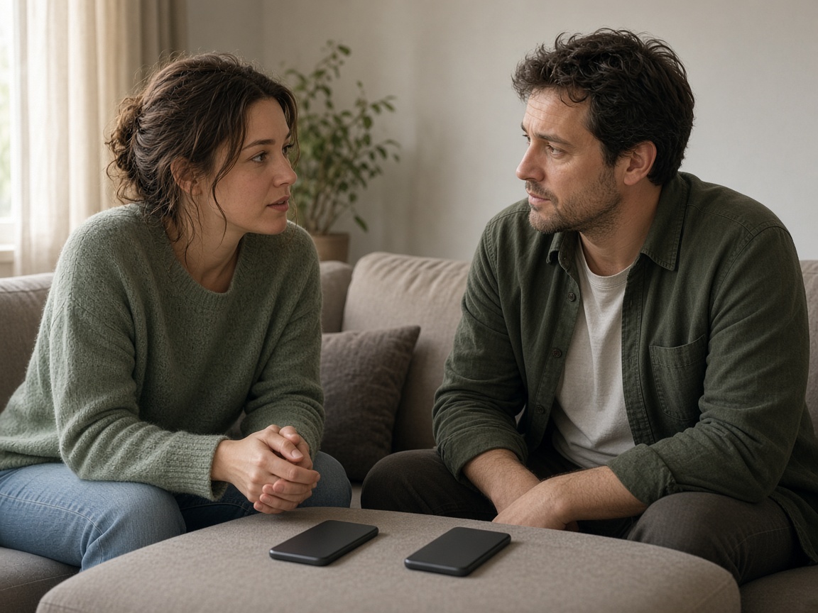 A closer view of two people sitting with phones turned over