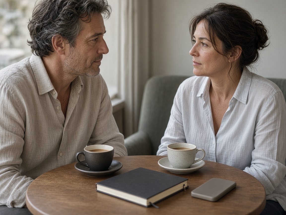 A closer view of two people with a closed notebook