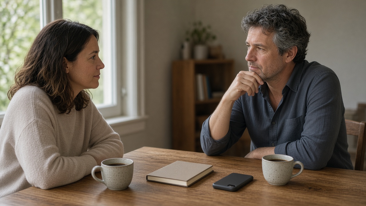 Two adults at a desk with a closed notebook between them
