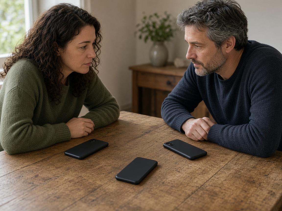 A closer view of two people with one phone turned face down