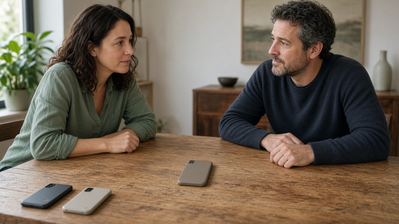Two adults deciding over a single face-down phone on an otherwise clear table