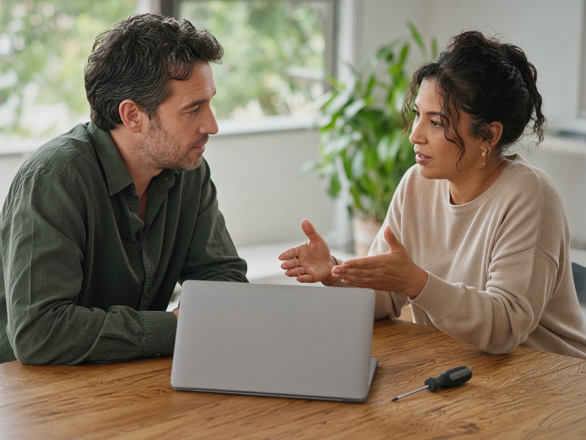 A closer view of two people with a closed laptop and a screwdriver