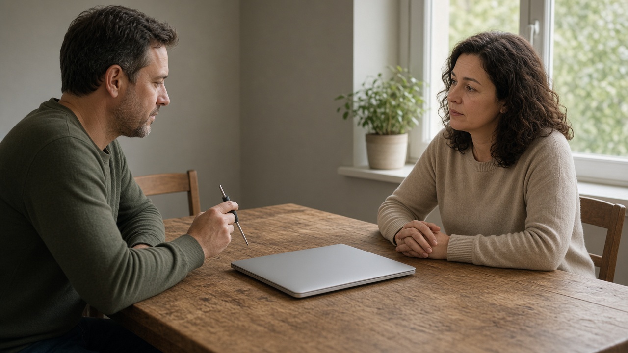 Two adults at a desk with a closed laptop and a small tool