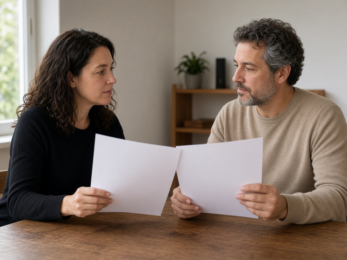 A closer view of two people reviewing blank page sheets