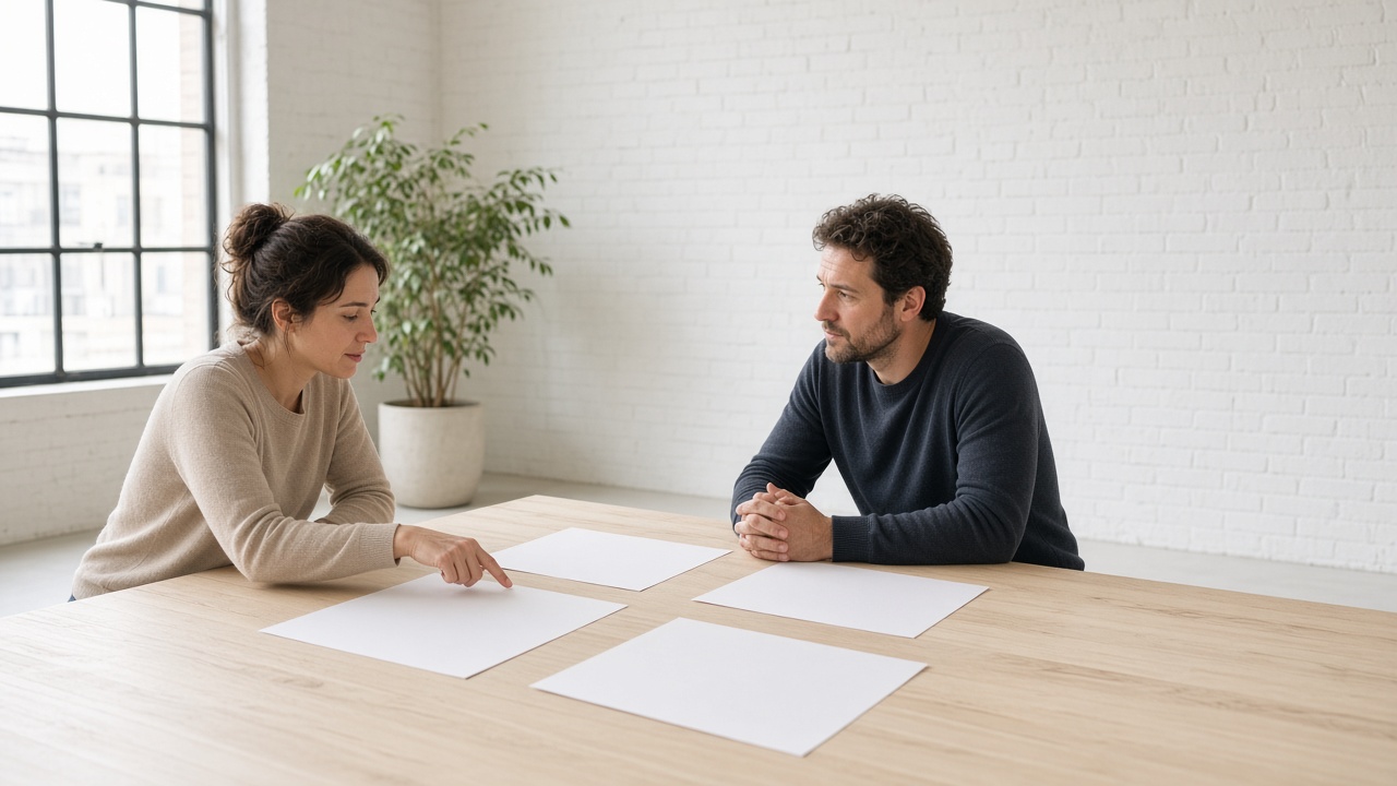 Two adults looking at blank page sheets spread on a table