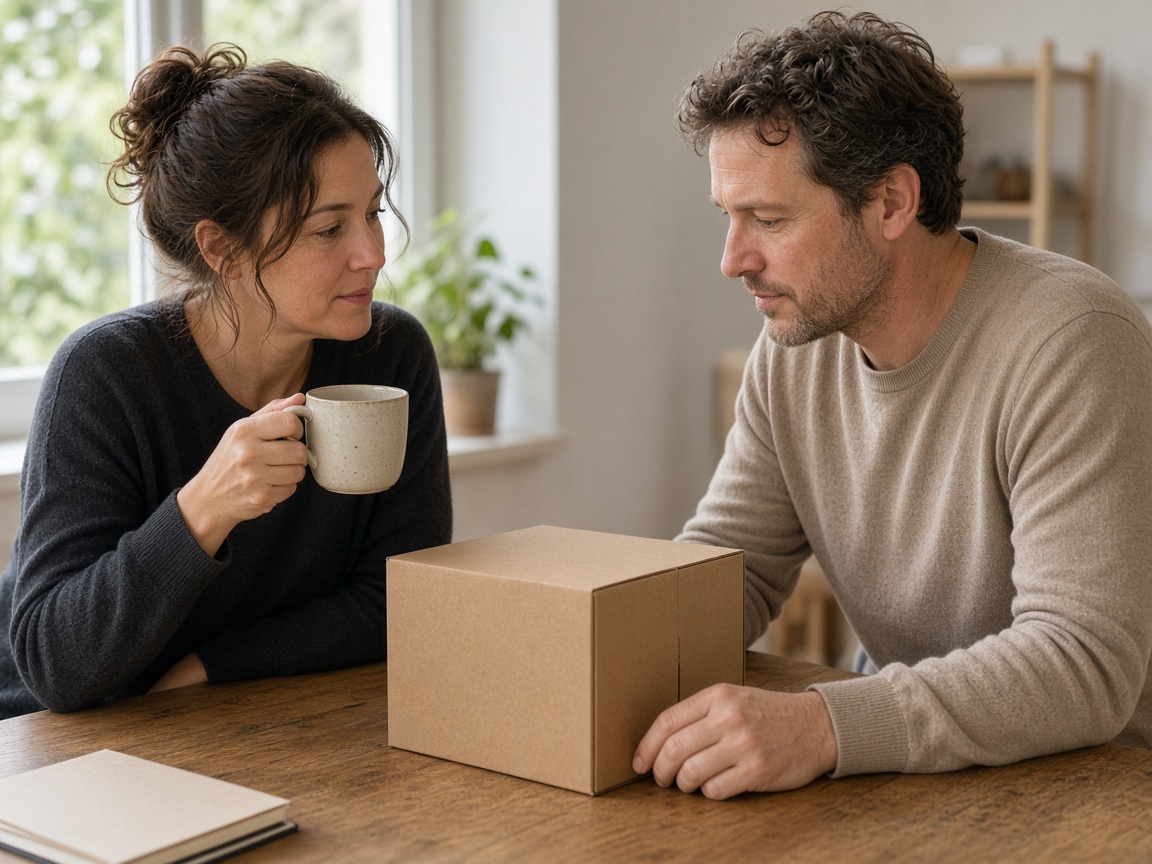 A closer view of two people with an unlabeled product on the table