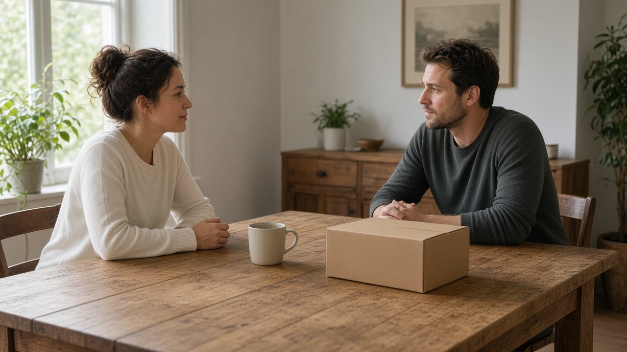 Two adults at a table with an unlabeled product between them