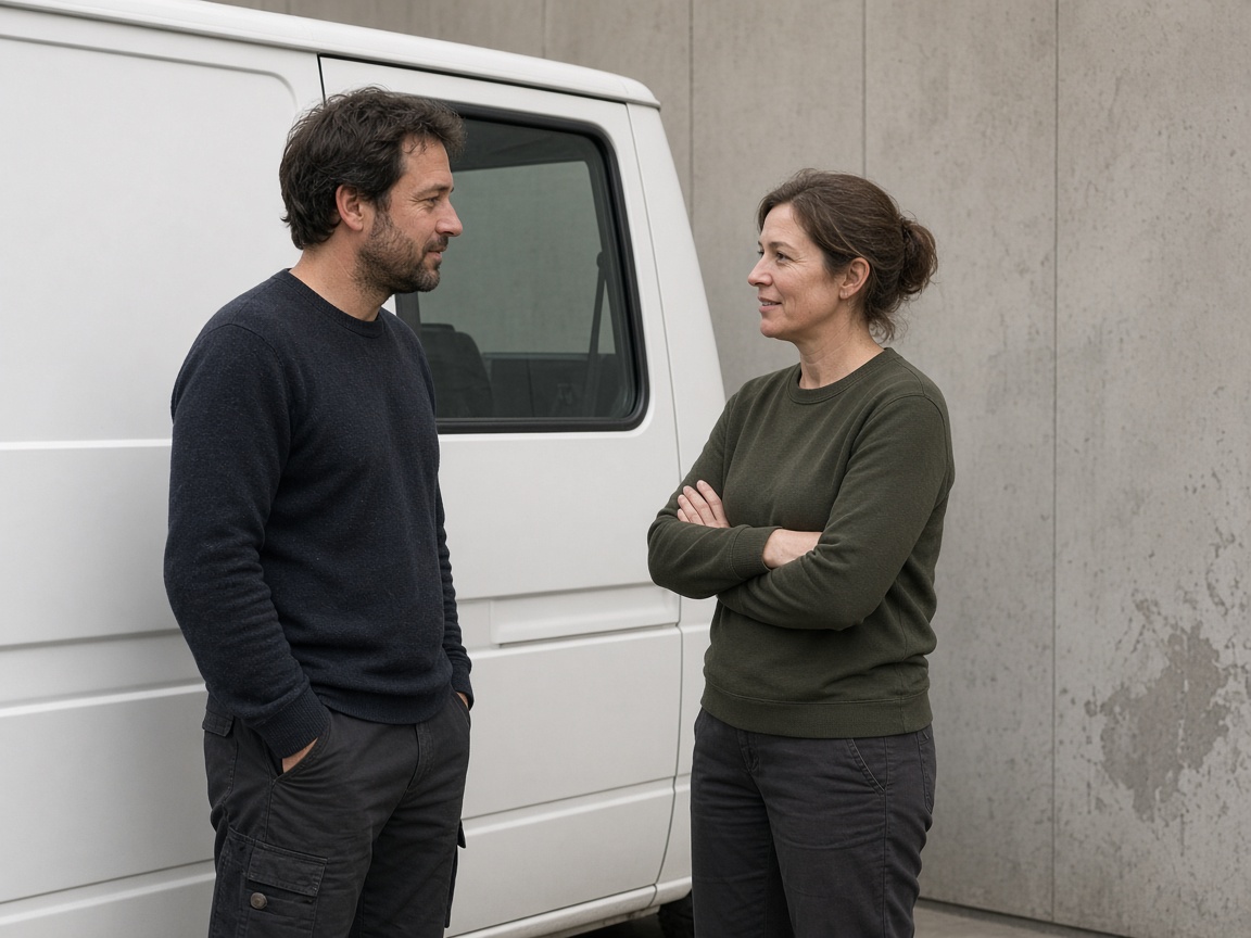 A closer view of two people next to a van with no lettering