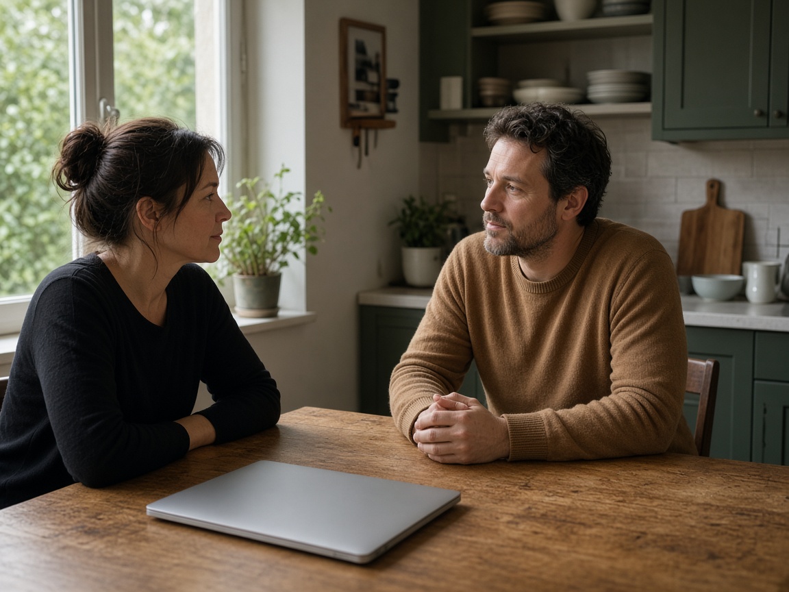 A closer view of two adults talking, with a laptop shut between them