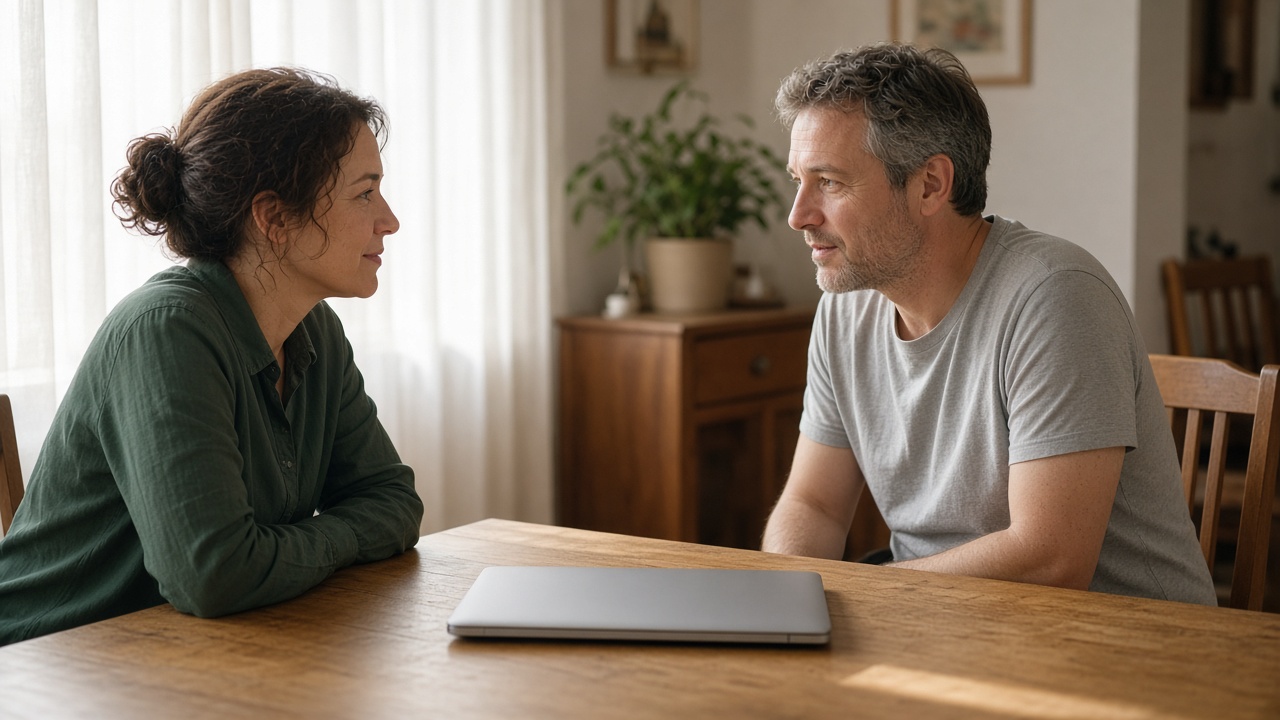 Two adults in conversation at a table with a closed laptop