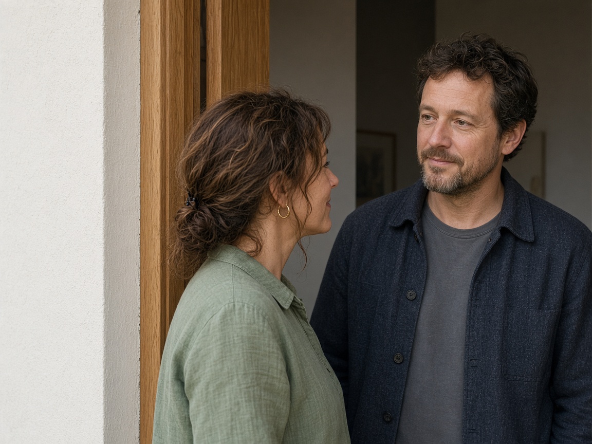 A closer view of two people at a door with no sign