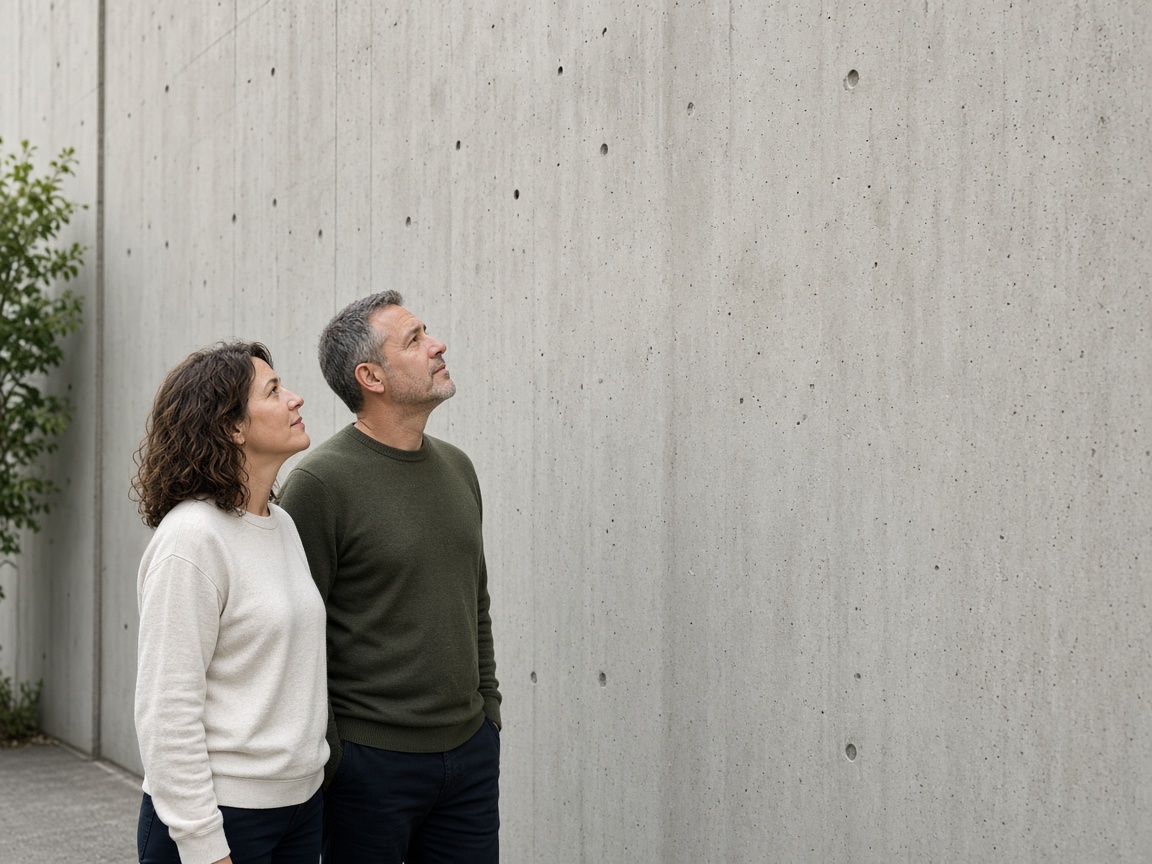 A closer view of two people facing an unmarked wall