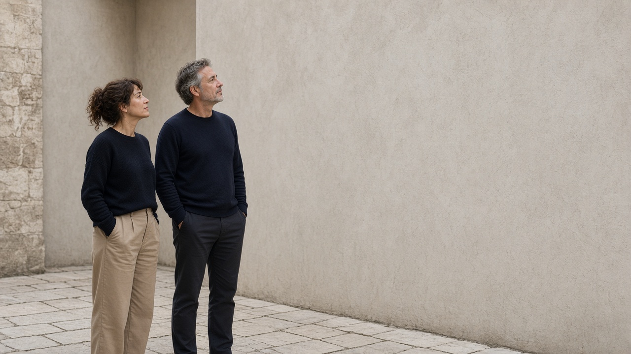 Two adults looking at a large blank wall
