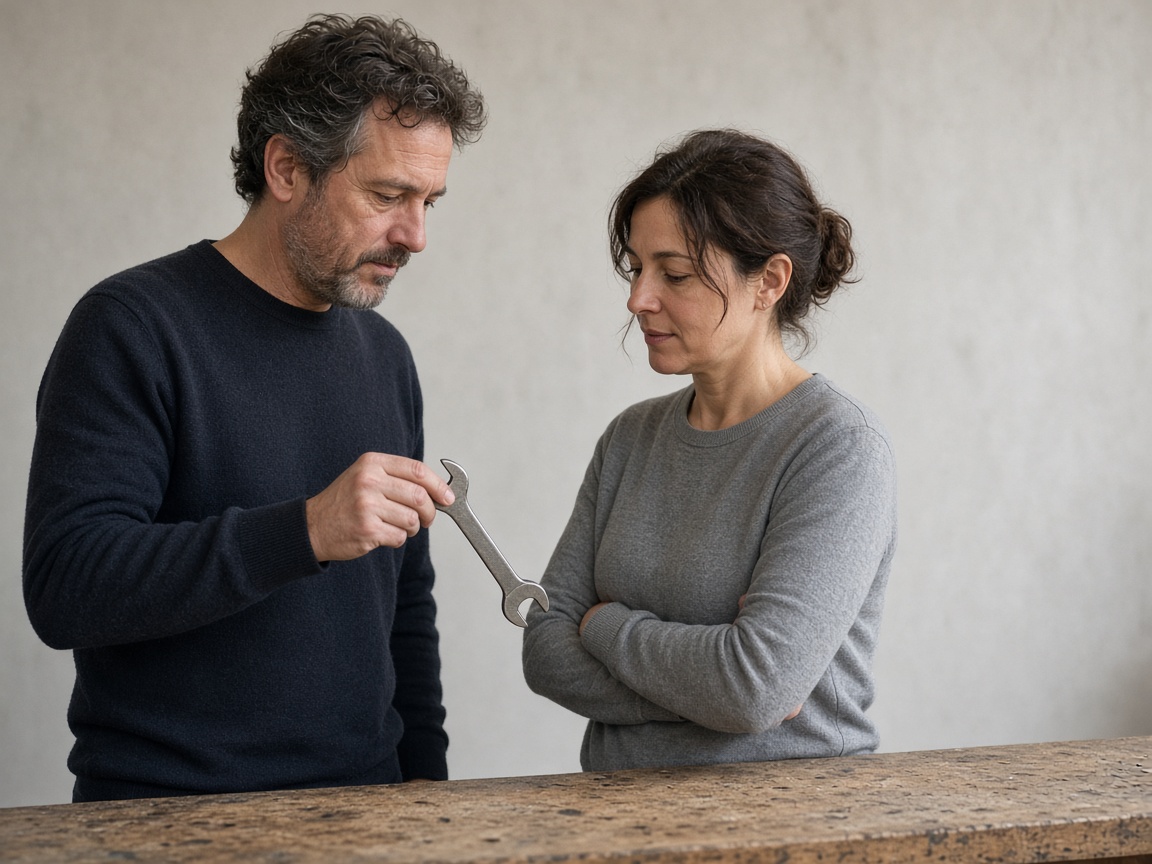 A closer view of two people with one tool between them