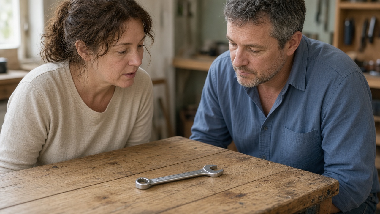 Two adults looking at a single hand tool on a table