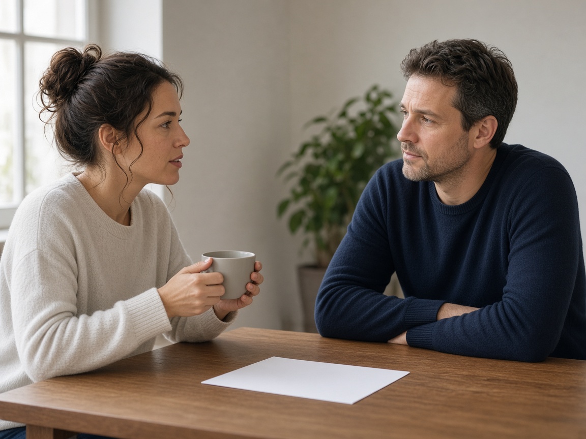 A closer view of two people talking over a cup and a blank page