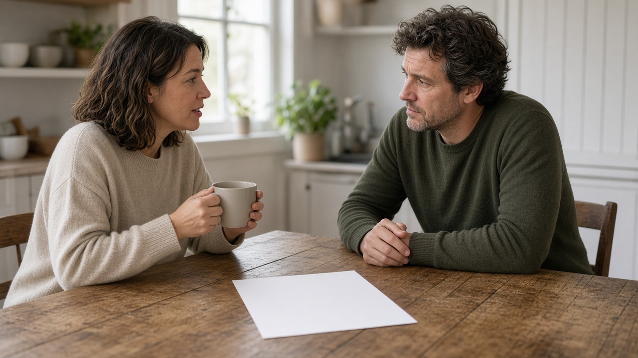 Two adults at a table with a coffee cup and blank paper