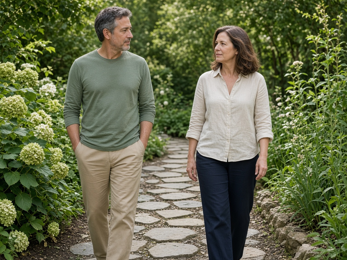 A closer view of two people on an unmarked garden path