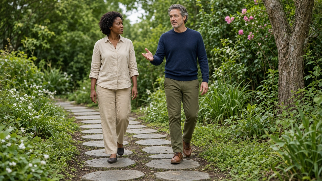 Two adults walking a garden path with no signs