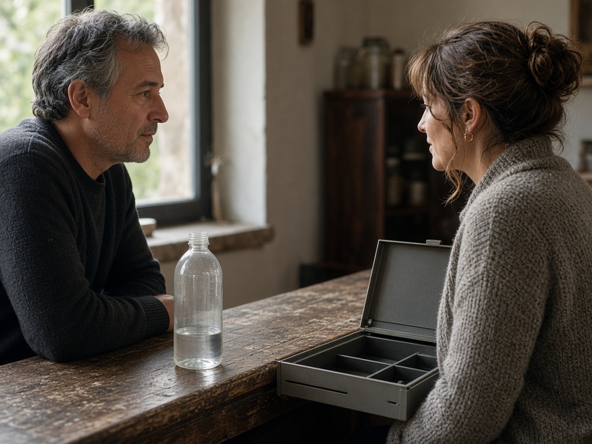 A closer view of two people at an unmarked counter