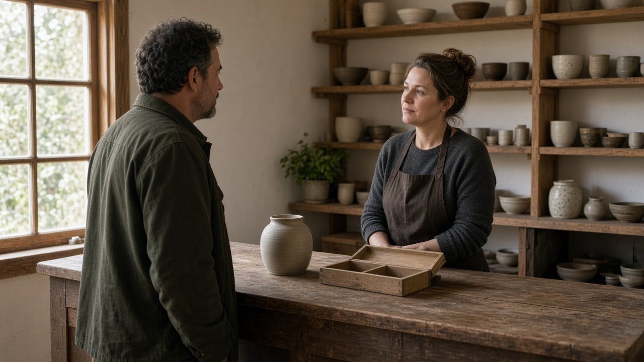 Two adults talking across a plain shop counter with no signage
