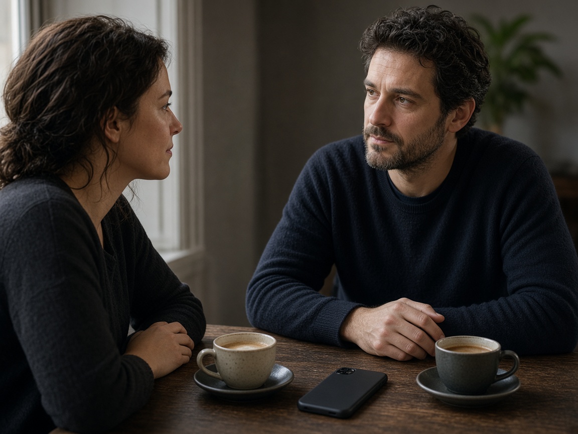 A closer view of two people in conversation, phones turned over