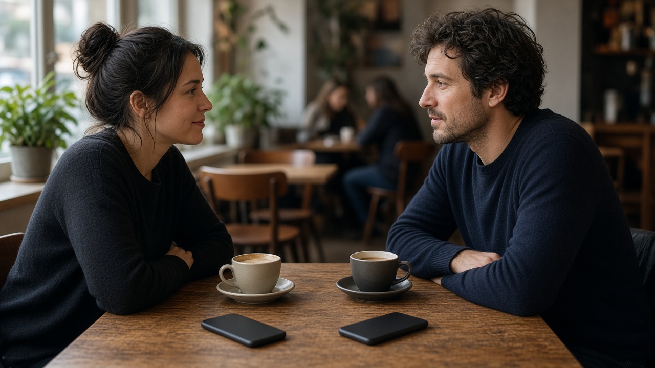 Two adults talking at a table with their phones face down