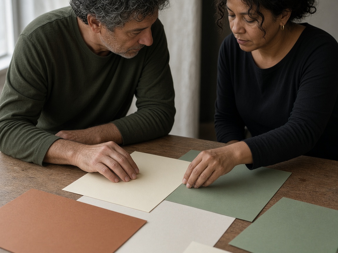 A closer view of hands arranging blank sheets into a layout
