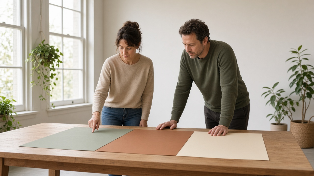 Two adults arranging blank paper sheets on a table