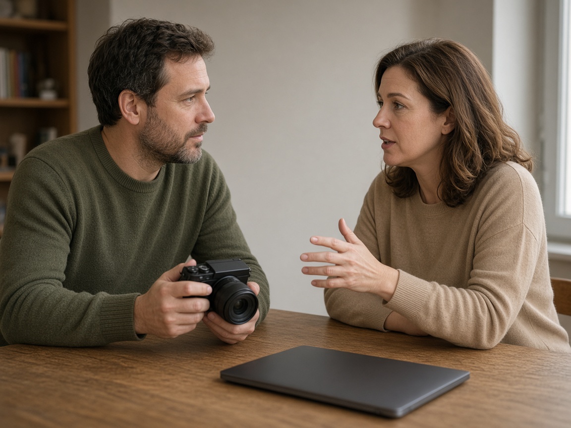 A closer view of a person holding a camera while another listens